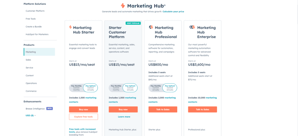 HubSpot Pricing Table